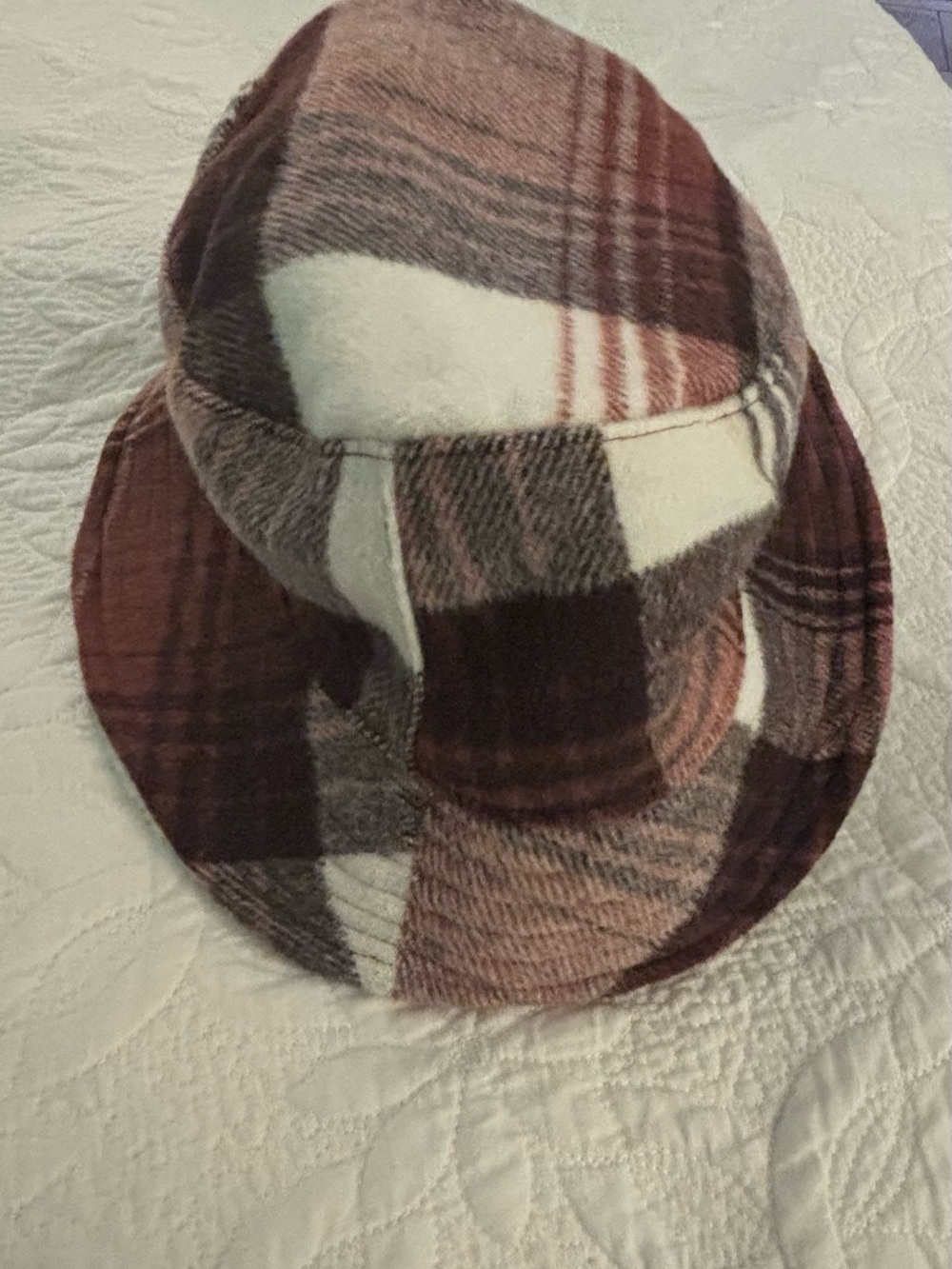 Plaid Wool Blend Bucket Hat in Browns and Cream